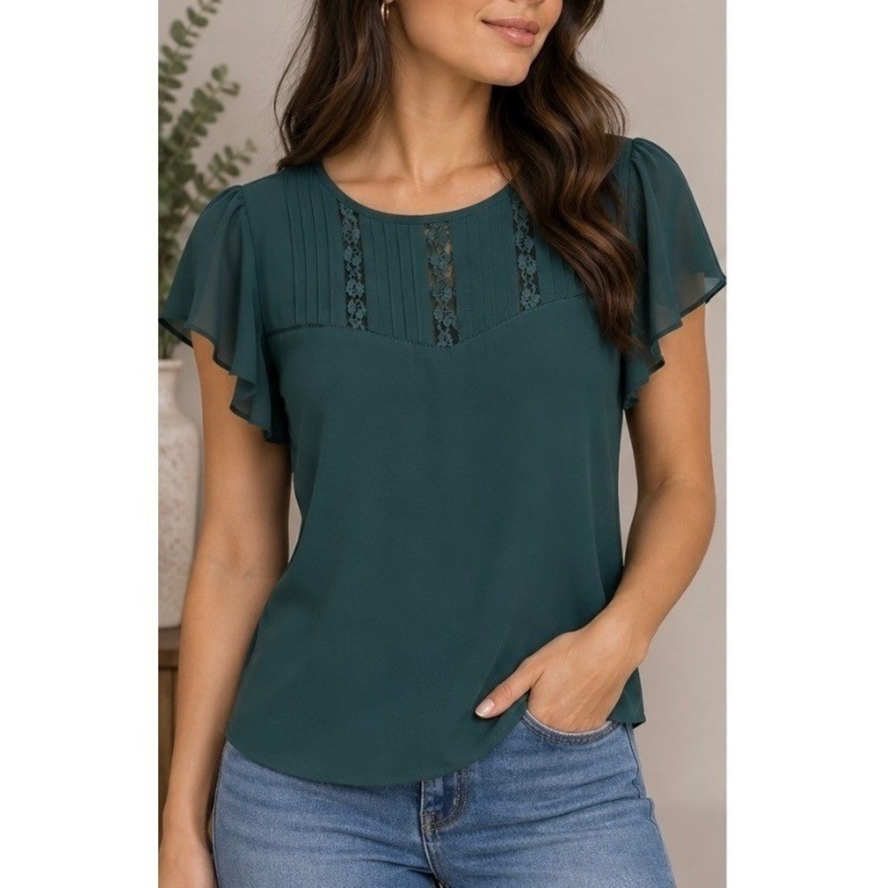Dark Green Flutter Sleeve Blouse Lace Pintuck Pleated Top Keyhole Back SIZE-L